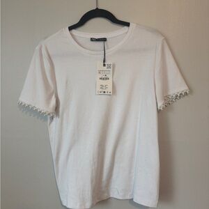 Zara White Short Sleeve Top with Lace Detail